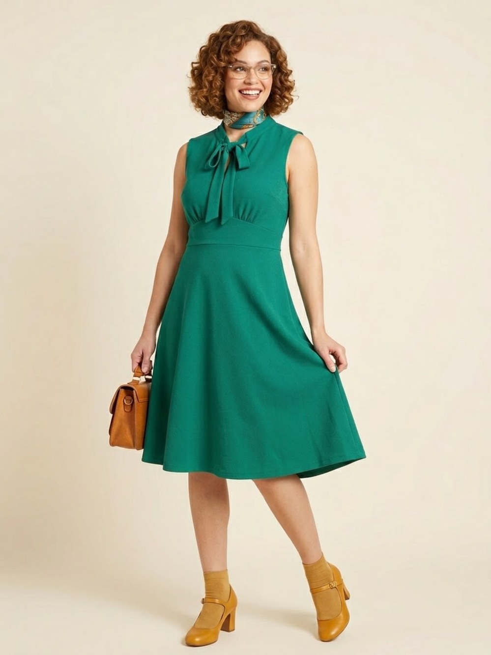 ModCloth Emerald Tie Neck Sleeveless A-Line Dress Size Large Vintage Inspired